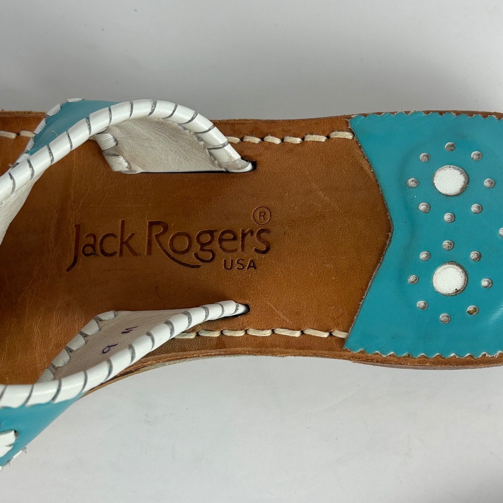 Jack Rogers Original Jack Flat Sandals Turquoise Leather Whipstitch Rondelle 9 M - Picture 4 of 7